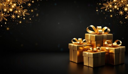 Holidays background with illuminated 3d golden Christmas three gift nd tree on black background