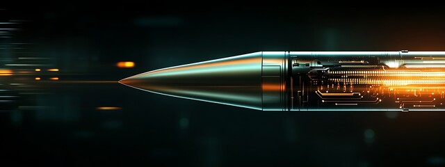 Futuristic Metallic Bullet with Circuitry and Glowing Orange Lines