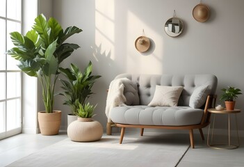 A modern and minimalist living room with a large sectional sofa, a round wooden coffee table, and a wooden media console. The room has neutral tones with beige and white colors, and features a potted 