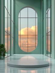 Minimalist skyscraper with reflective glass windows in 3D rendered minimalist style with empty circle podium.