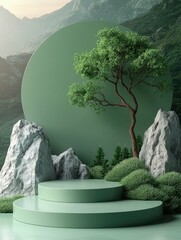 Mountain landscape with a lone tree in 3D rendered minimalist style with empty circle podium.