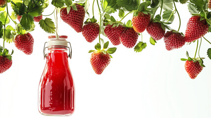 Strawberry juice bottle hanging on strawberry plant