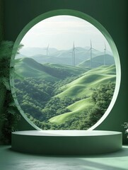 Rolling green hills with distant wind turbines in 3D rendered minimalist style with empty circle podium.