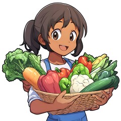 Poster - Happy Girl Holding a Basket of Fresh Vegetables.