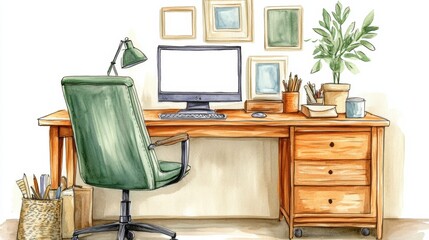 Sticker - A drawing of a desk with green chair and potted plant, AI