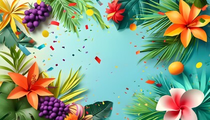 Vibrant tropical summer backdrop with fruits, lush leaves, and festive confetti for promoting seasonal sales and travel adventures