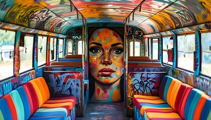 Vibrant graffiti bus interior featuring a striking mural of a womans face