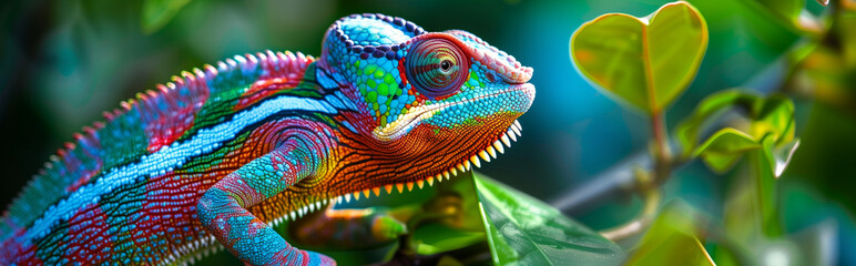 Colorful chameleon camouflaging among green leaves in the wild