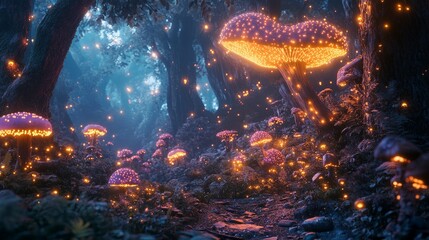 A vivid, enchanted forest with clusters of glowing magic mushrooms and a soft, ambient light illuminating the magical, otherworldly environment.