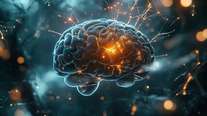 Poster - Human brain with neural connections. Human brain hologram. Brain anatomy. Human brain animation. Medical science background. Artificial Intelligence. Futuristic and high-tech background.