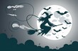 © Skyfe - Witch Silhouette Flying on Broomstick with Bats and Full Moon - Spooky Halloween Graphic for Events, Merchandise, and Party Decor