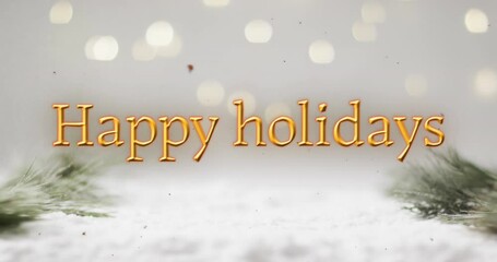 Canvas Print - Happy holidays text over christmas snow, trees and bokeh lights background