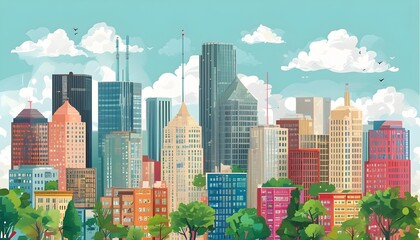 Cheerful city skyline with pastel buildings, playful trees, and whimsical clouds in vibrant colors