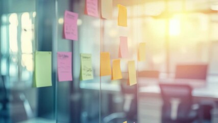 Poster - Office glass wall covered with colorful sticky notes for business planning and idea development. Teamwork and project brainstorming.