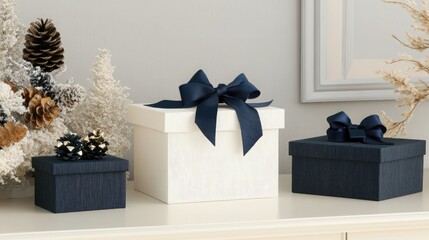 A set of three luxury gift boxes is beautifully arranged on an elegant table. The boxes, two in navy and one in white, feature dark blue ribbon bows, creating a sophisticated display