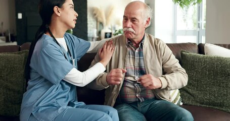 Poster - Home, nurse and old man on sofa, consultation and conversation for heart rate, checkup and advice. Apartment, caregiver and senior patient on couch, medical and help with professional and cardiology