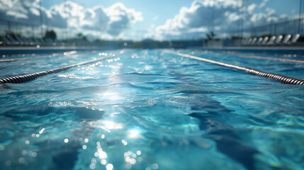 Calm swimming pool with lane dividers under bright sunlight and clear skies