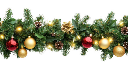 seamless decorative christmas border with coniferous branches and garlands of christmas lights and o