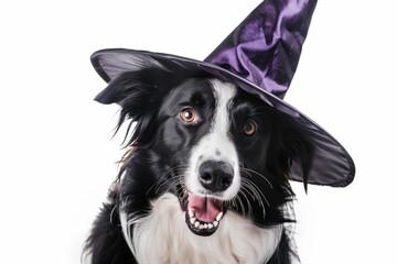 Dog wearing a purple witch hat, cheerful expression on a plain white background, perfect for Halloween themed designs and pet related content featuring playful animals