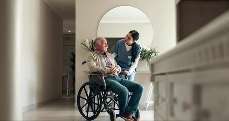 Canvas Print - Nurse, senior care and wheelchair with help, elderly man and wellness for health in nursing home. Pensioner, person with a disability and assistance by caregiver in recovery at rehabilitation clinic