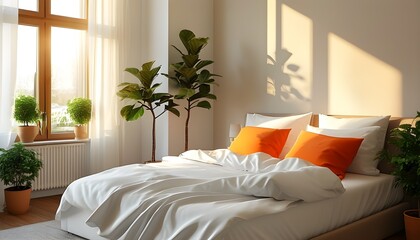 Cozy bedroom bathed in warm sunlight with white linens, a hint of orange, and vibrant potted plants enhancing the inviting atmosphere