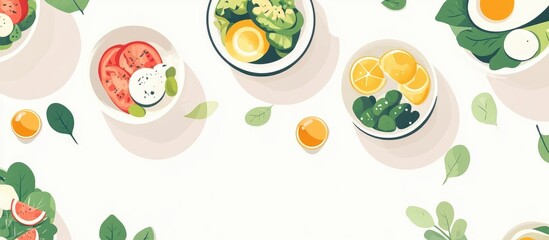 Background Featuring Bowls Of Nutritious Food On A White Table