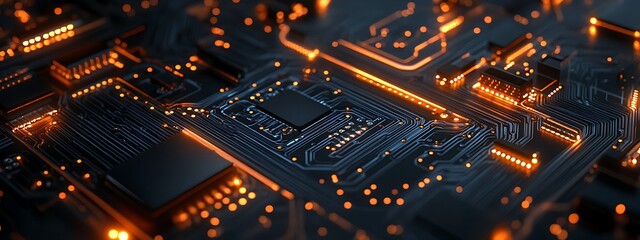 Poster - Close-up of an illuminated circuit board with intricate pathways and glowing components.