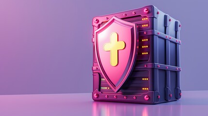 Wall Mural - A colorful shielded crate with a glowing cross emblem, set against a gradient background for a vibrant look.