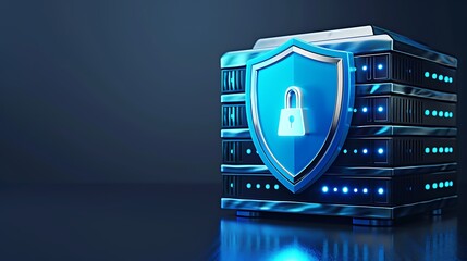 A digital illustration of a secure server with a shield icon, representing data protection and cybersecurity concepts.