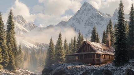 A scenic view of a mountain cabin surrounded by tall pine trees and snow-covered peaks in the background.