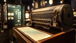 © peerawat - A vintage computing device with a punched card system and large paper rolls, representing early data processing technology from the mid-20th century.