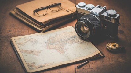 A vintage camera, a map, and a notebook placed on a wooden table with natural light filtering in.