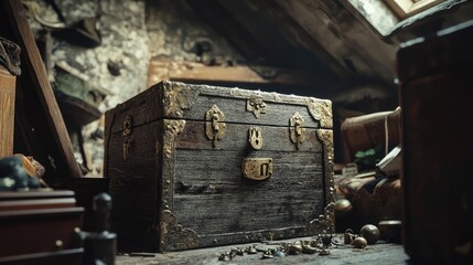 A weathered, antique chest in a hidden attic, filled with mysterious trinkets and forgotten treasures