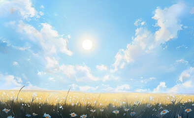 Canvas Print - Bright sun shining over a field of flowers and grass