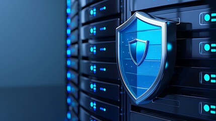 Poster - A digital shield symbolizing cybersecurity protection on a server, representing modern data security in technology.