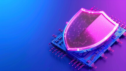 Poster - A digital shield symbolizing cybersecurity, illuminated in vibrant colors on a circuit board background, representing tech protection.