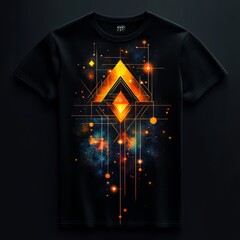 Poster - A black t-shirt featuring a vibrant geometric design with cosmic elements.