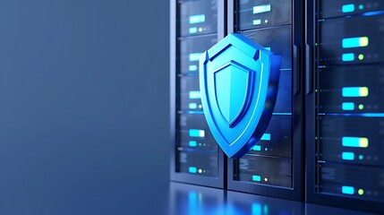 Poster - A digital shield symbolizing security and protection for server technology in a modern data center environment.