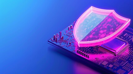 Poster - A futuristic circuit board with a glowing shield symbol, representing cybersecurity and digital protection.
