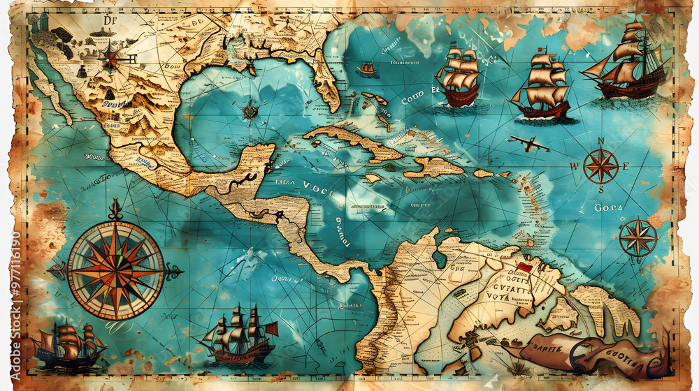 Vector illustration of a vintage map of the Caribbean Sea on worn ...