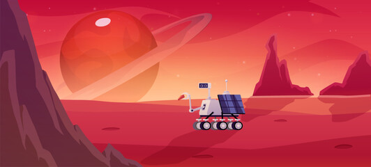 Wall Mural - Vector illustration of a red planet with mountains and a robot explorer.