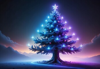 Wall Mural - New Year's card. New Year's tree in neon lights against the background of a winter night