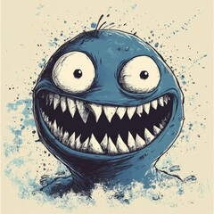 Wall Mural - A cartoonish blue monster with a wide grin and sharp teeth.