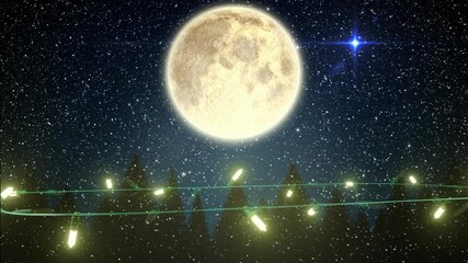 Wall Mural - Yellow christmas string lights flashing over trees and full moon in night sky