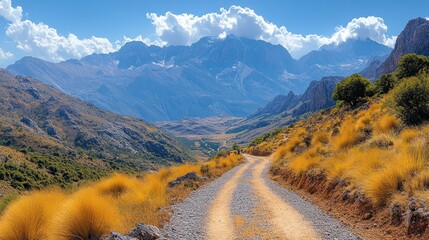 Wall Mural - Scenic mountain landscape with a winding gravel road and blue sky.