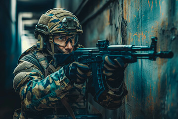 Wall Mural - soldier in modern combat gear combat uniform in camouflage colors with large machine gun, protective clothing and helmet, war with modern equipment