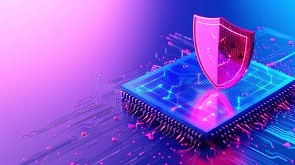 A futuristic microchip with a glowing shield symbolizing digital security and protection in technology and computer systems.