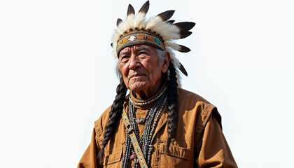 Elderly Native American man in traditional attire, showcasing wisdom and cultural heritage against a white background.






