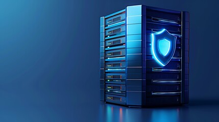 Poster - A futuristic server rack with a glowing shield symbol, representing data security and technology advancement.