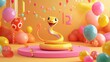 © Artyom - Animated cheery yellow snake on pink platform surrounded by colorful balloons in festive setting